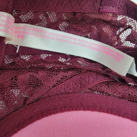 Victoria‎ Secret PINK Bra Maroon Lace Push-up Underwire Padded Cross Back S NWOT - Picture 8 of 9